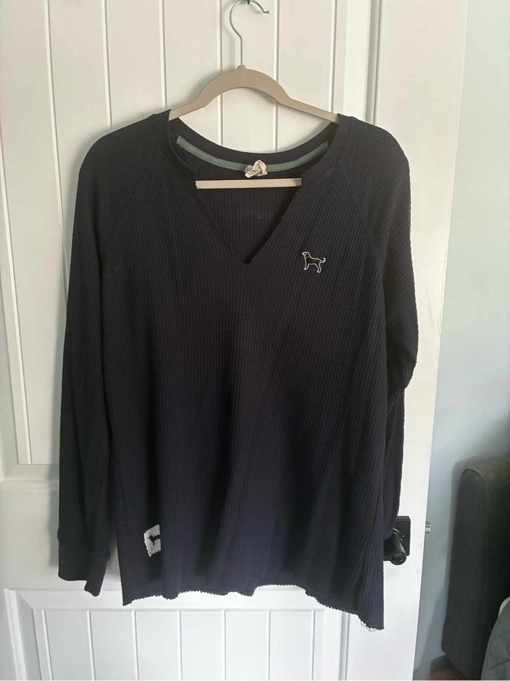 The Black Dog Women’s Navy V-Neck Waffle Knit Sweater with Dog Patch